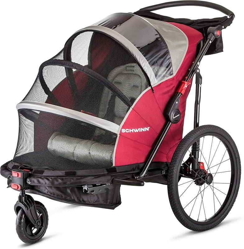 Schwinn Joyrider Deluxe Child Trailer Stroller Combo, Red, Fits 2 Kids
