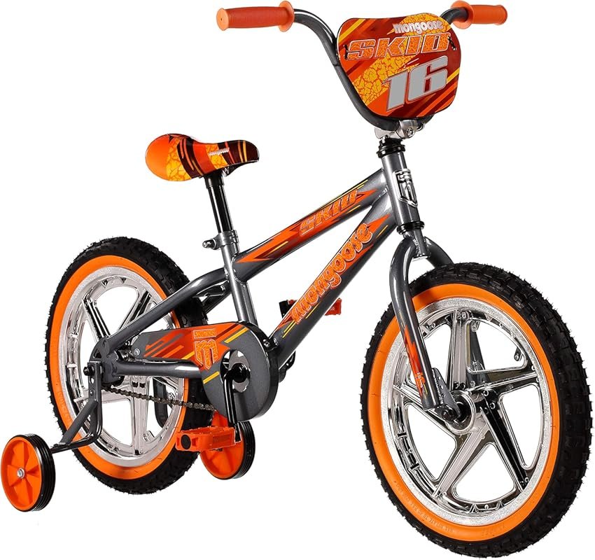 Mongoose 16 Inch Kids BMX Style Skid Bike with Training Wheels and Coa