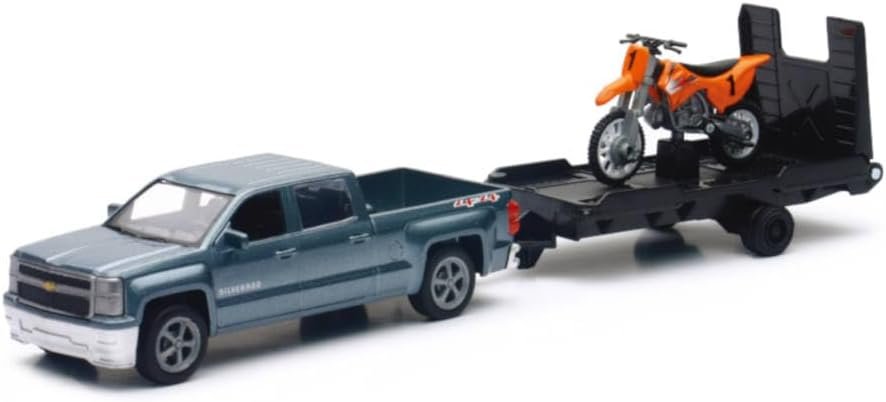 NewRay Toys Die Cast Chevy Silverado with Trailer and Dirt Bike – Real