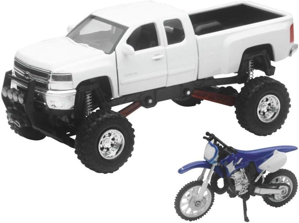 1:32 Scale White Chevy Truck and YZ125 Dirt Bike Die-Cast Set