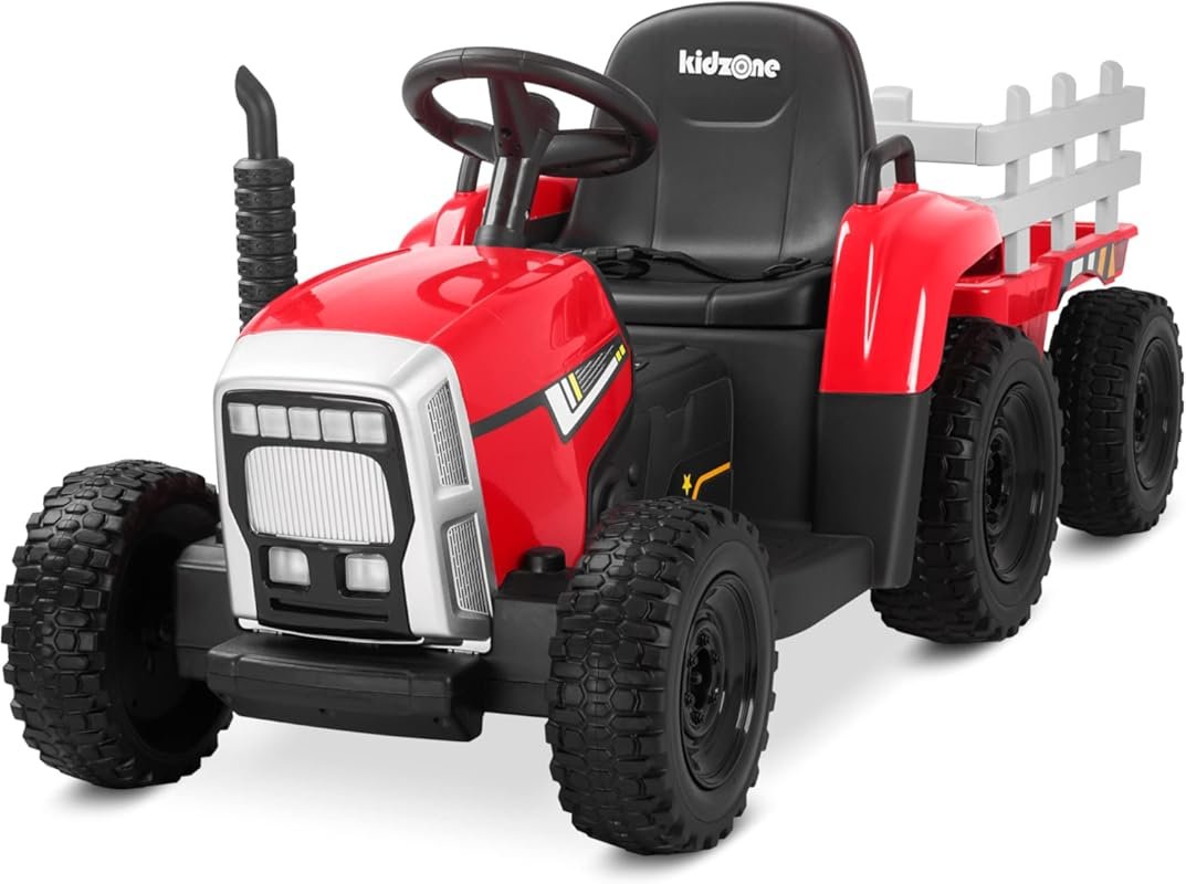 Kidzone 12V Tractor Ride On Toy - Premium Electric Tractor with Traile