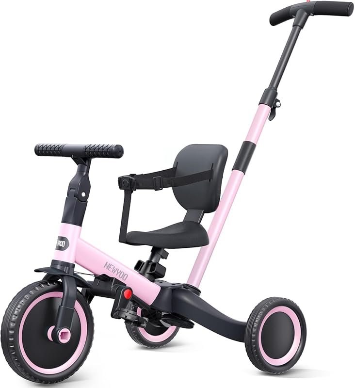 newyoo Pink TR007 Toddler Tricycle – Push Handle, Backrest & Safety Be
