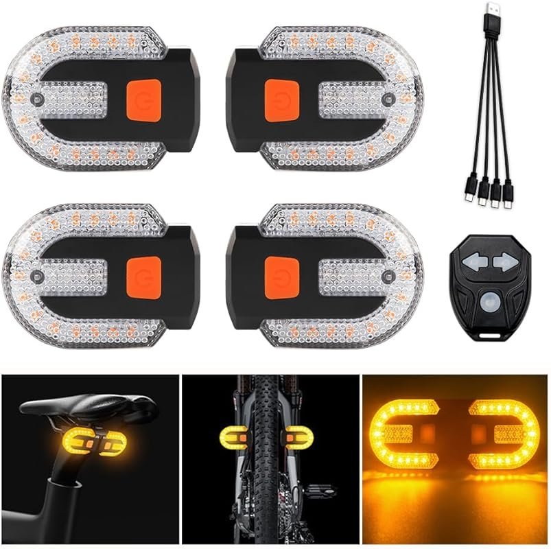 4Pcs Waterproof Bicycle Turn Signals with Alarm, USB Remote, 5 Modes,