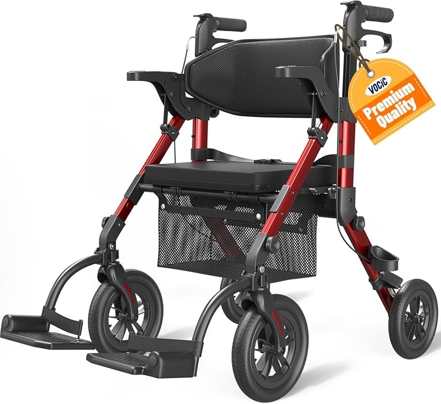 VOCIC 2-in-1 Rollator Walker & Transport Chair: Lightweight, Foldable,
