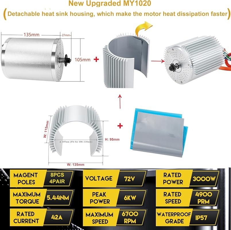 72V 3000W Brushless Electric Motor Kit Max 6700RPM with 80A Fardriver 