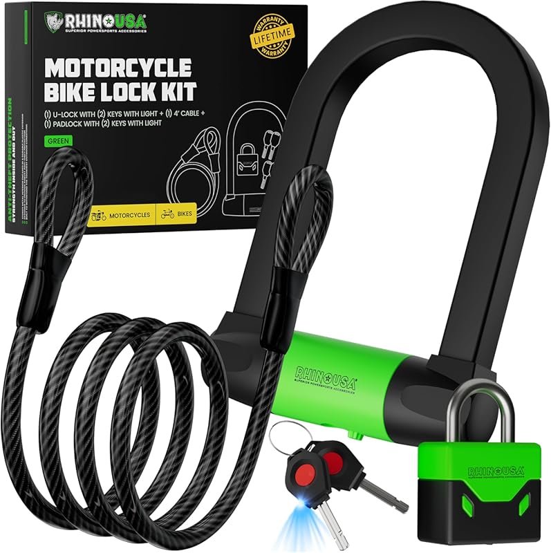Rhino USA Bike Lock Set: Heavy Duty U Lock with 4ft Steel Cable, Padlo