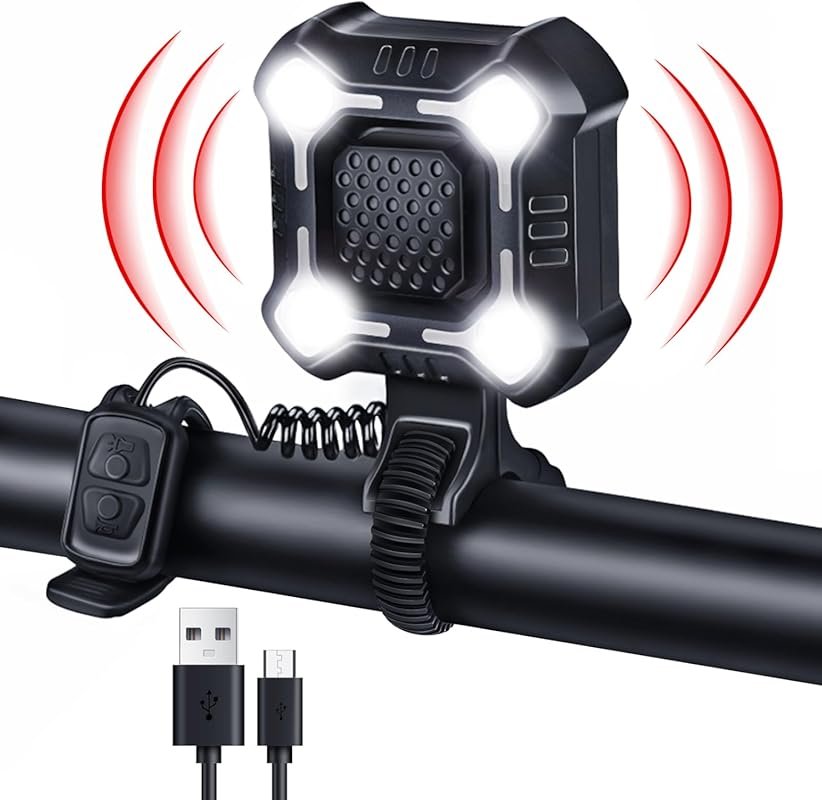 140dB Rechargeable Bike Horn with Headlight & 6 Sounds, IPX6 Waterproo