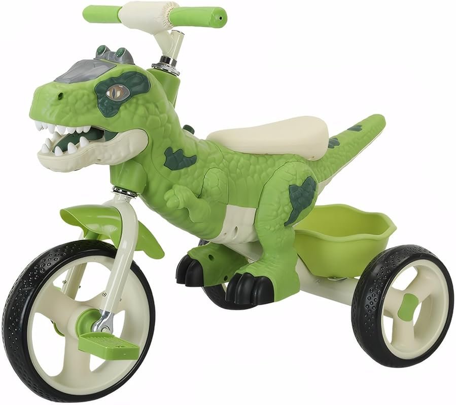 Dinosaur Kids Tricycle for 3-7 Year Olds with Big Wheel, Music, Storag