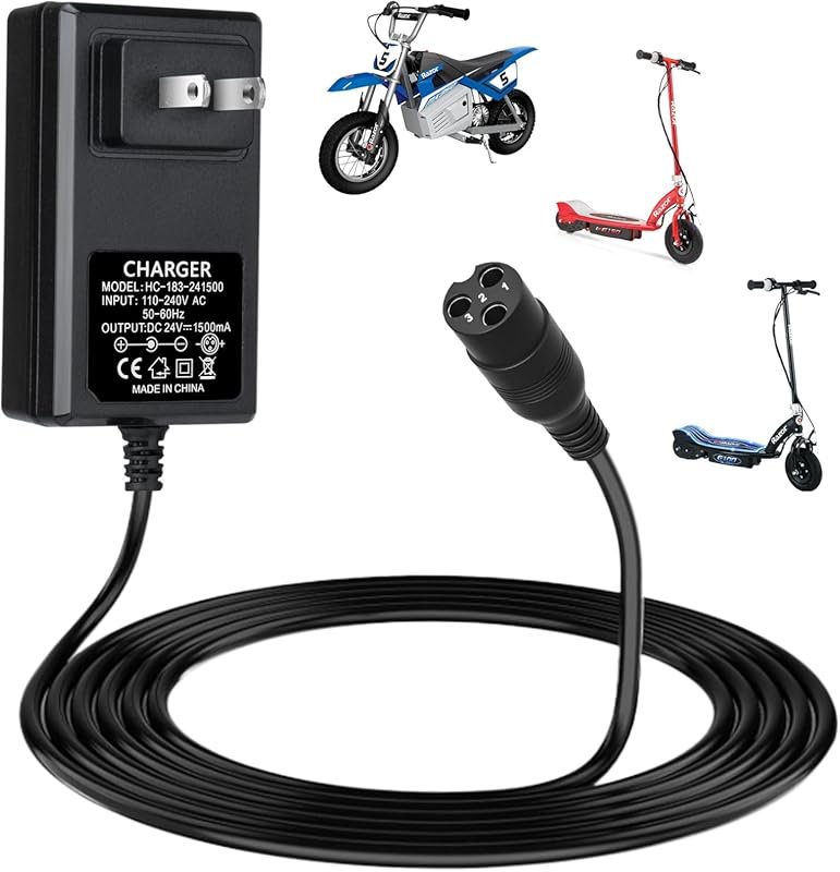 24V Electric Scooter Charger for Razor E300, E200, MX350 & More - 3-Pr