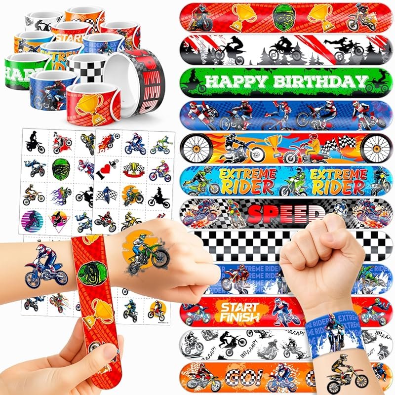 72 PCS Dirt Bike Party Favors with Temporary Tattoos & Slap Bracelets 