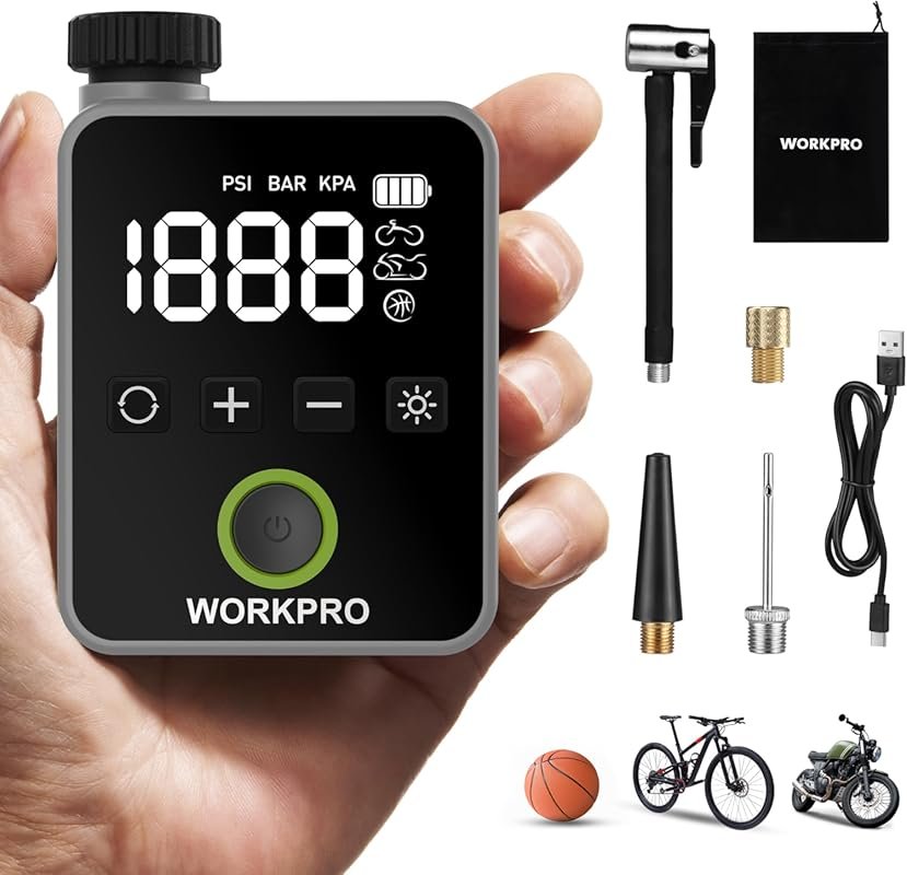 WORKPRO Mini Electric Bike Pump with Gauge, 140 PSI, LED Light, Auto S