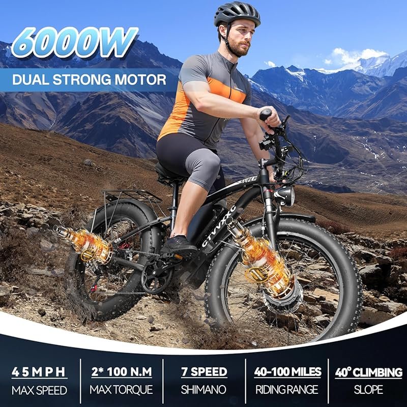 6000W Peak Dual Motor Fat Tire E-Bike – 52V 34Ah, 100 Mile Range, 45MP