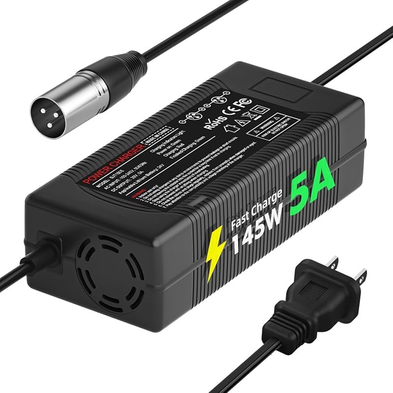 Fast 24V 5A Battery Charger with 3-Pin XLR for Electric Scooters, Whee