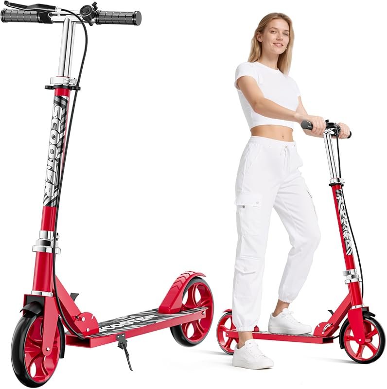 Foldable Kick Scooter: 8-Inch Big Wheels, Hand Brake, Bell, 4 Adjustab