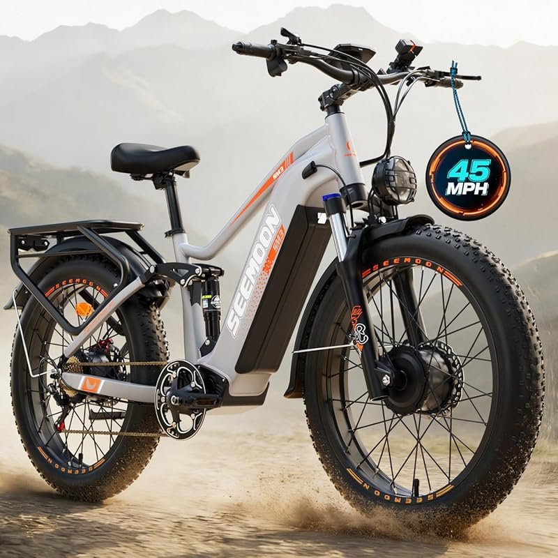 Seemoon 4000W Dual Motor Fat Tire E-bike, 38MPH, 105 Miles Range & 7-S