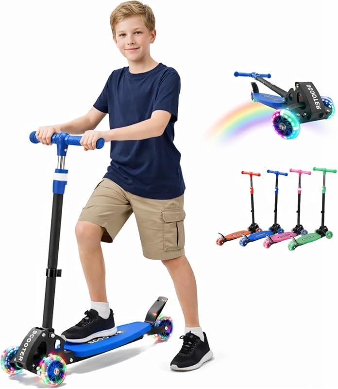Blue Kick Scooter for Kids Ages 6-12 with LED Wheels and 3 Height Sett