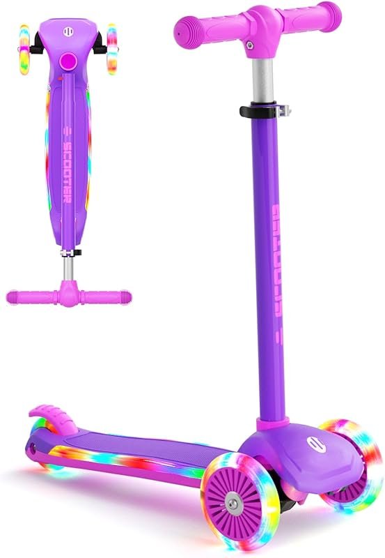 XJD 3-Wheel LED Light-Up Scooter for Kids 3-8, Adjustable Height & Lea