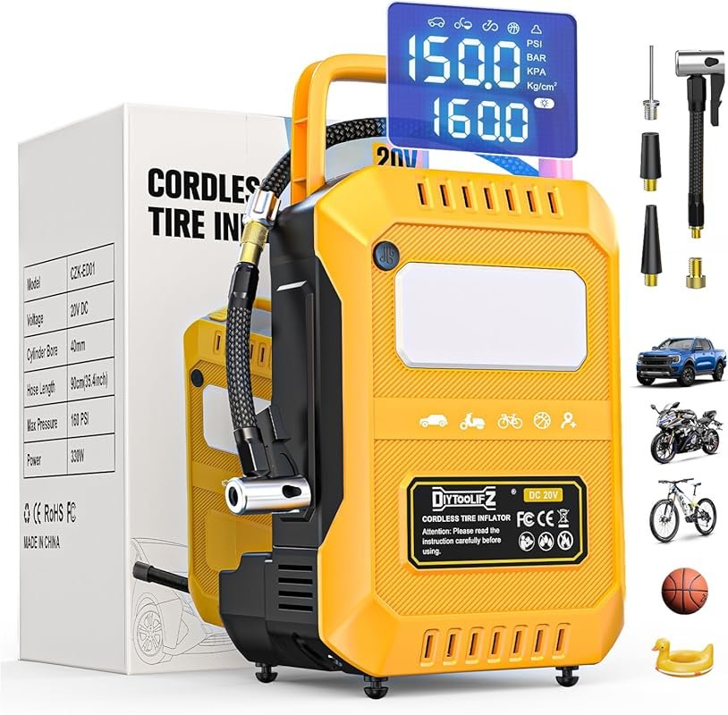 Cordless Tire Inflator Compatible with Dewalt 20V, Dual Digital Screen