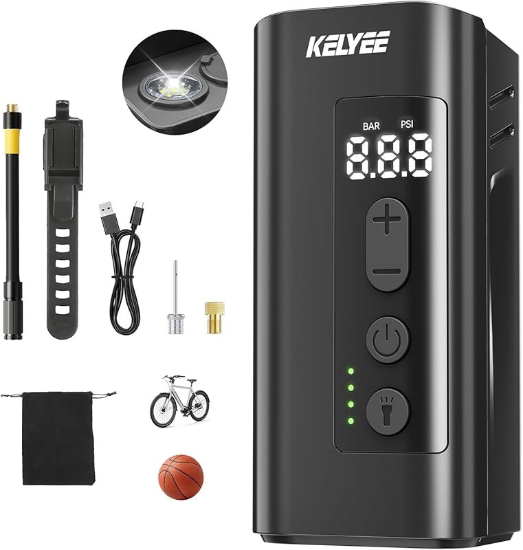 Mini Electric Bike Pump with 150PSI Gauge, Auto Stop, Presta & Schrade