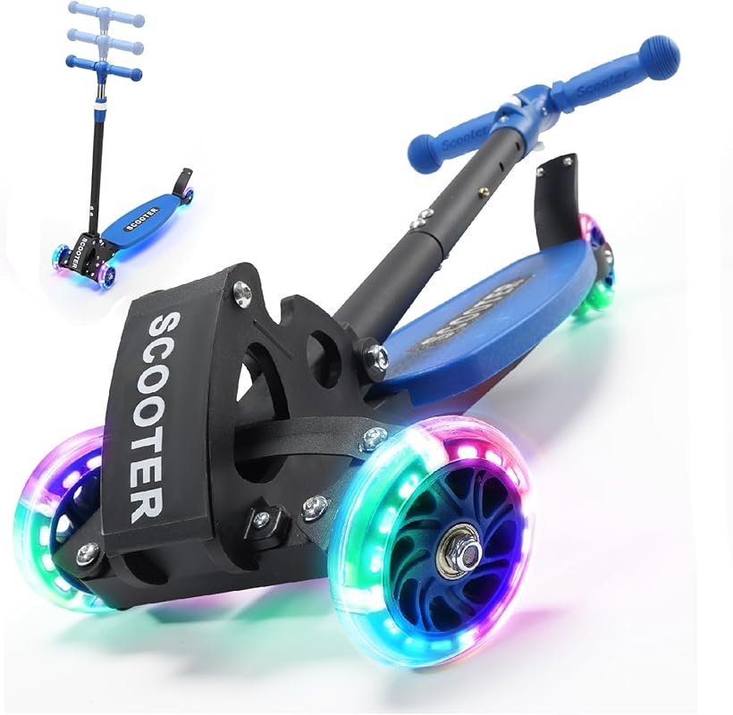 3-Wheel LED Light-Up Foldable Scooter for Kids 6-12, Adjustable Height
