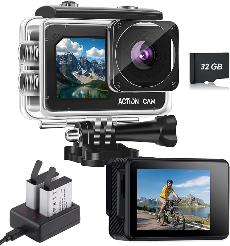 FHD 1080P 16MP Action Camera with 32GB Card & Waterproof Dual Screen