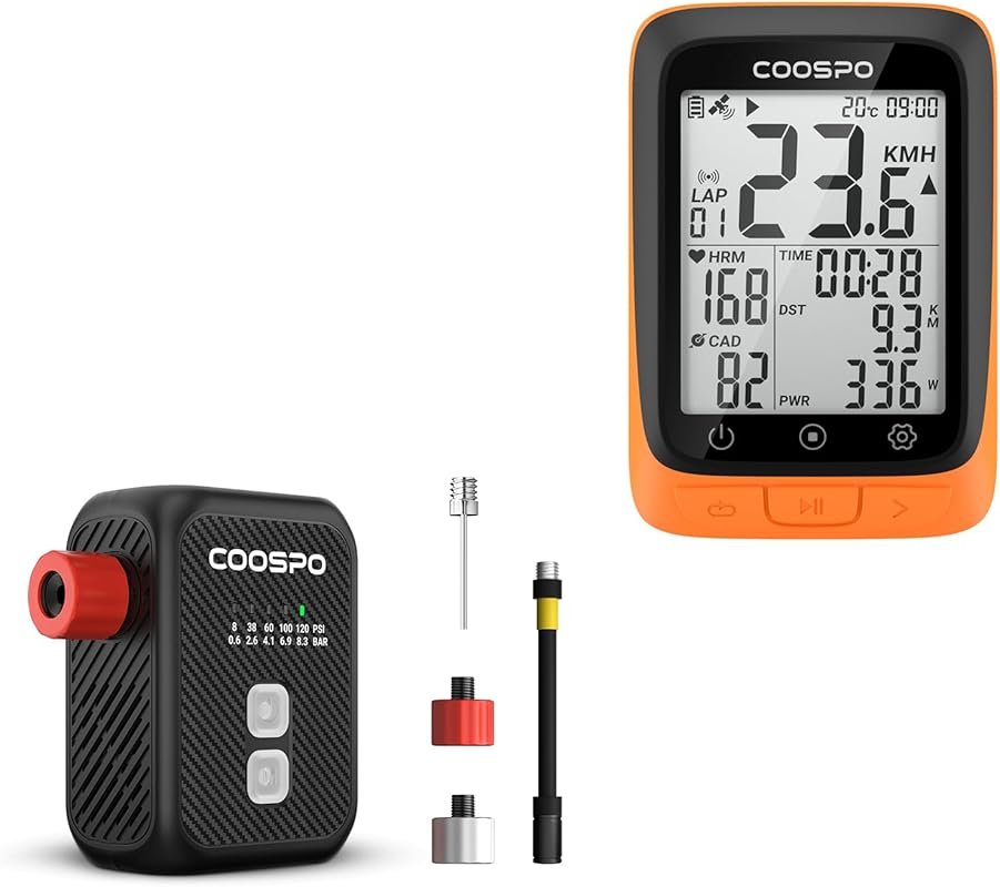 CooSpo GPS Bike Computer Bundle with Mini Electric Pump for Enhanced C