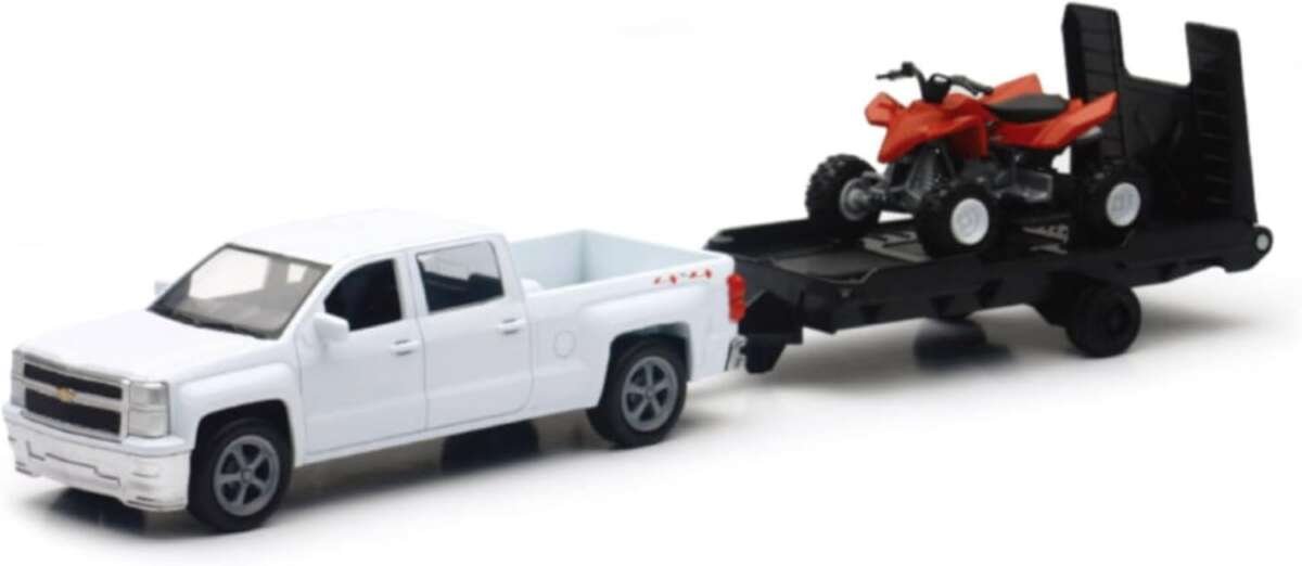 NewRay Toys 1:43 Scale Chevy Silverado Pickup with Trailer and Dirt Bi