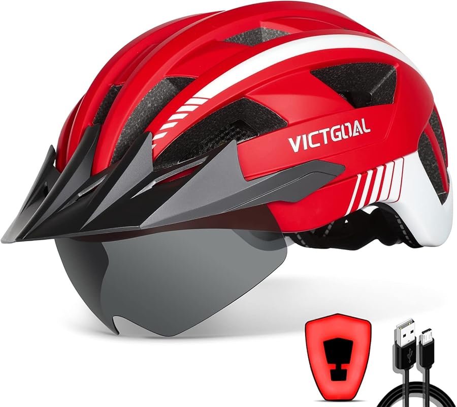 VICTGOAL Adult Bike Helmet with USB Light, Magnetic Goggles, and Sun V