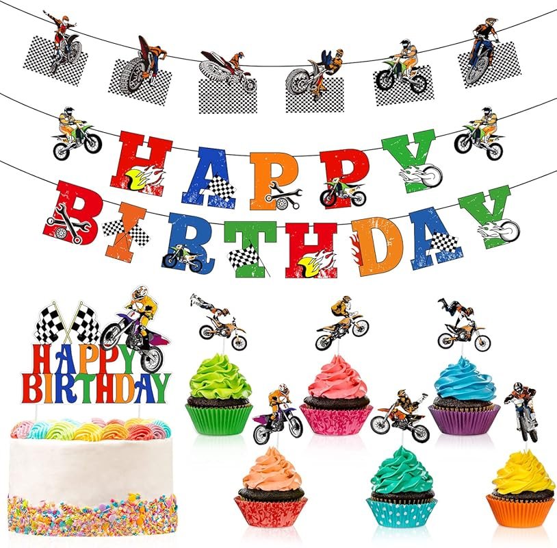 Zonon Dirt Bike Birthday Decorations: Banner, Cake Topper for Motocros