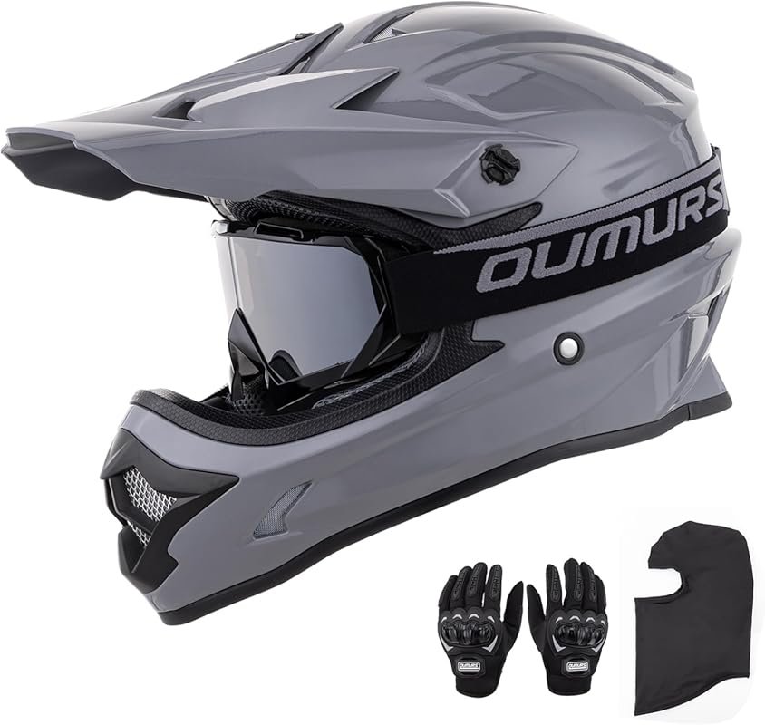 OUMURS Adult ATV Dirt Bike Helmet with Goggles, Gloves & Mask - Gray X