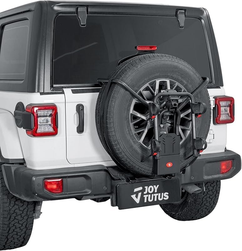 JOYTUTUS Folding 2-Bike Spare Tire Rack with Lock & Anti-Wobble for SU