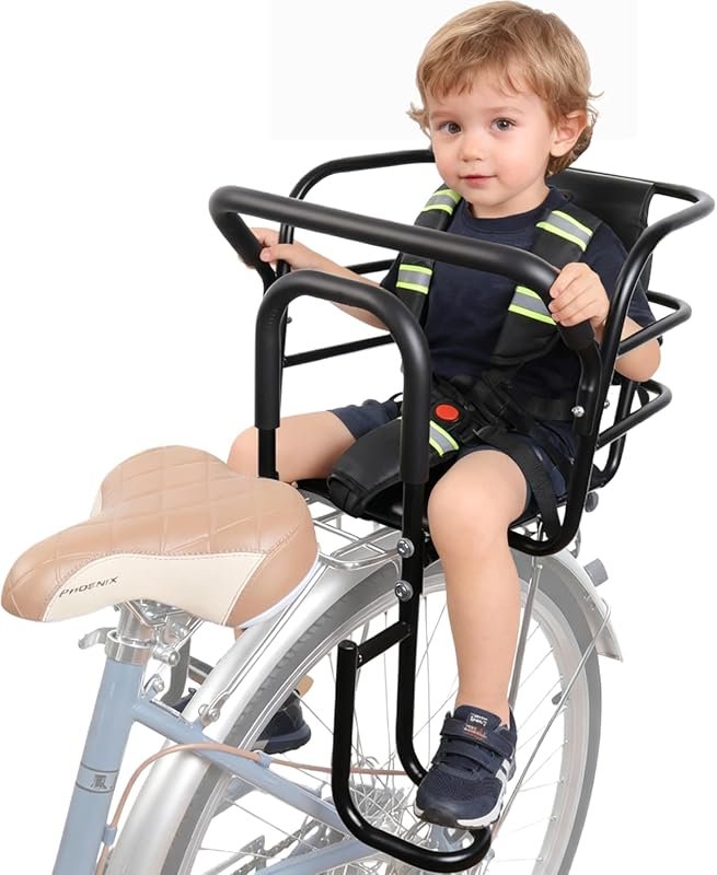 Upgraded Rear Child Bike Seat with Foot Pedals and Back Rest
