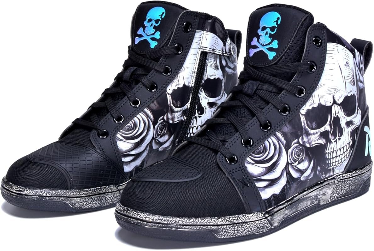 Retro Skull & Rose Men's Women's Motocross Riding Shoes - Side Zipper