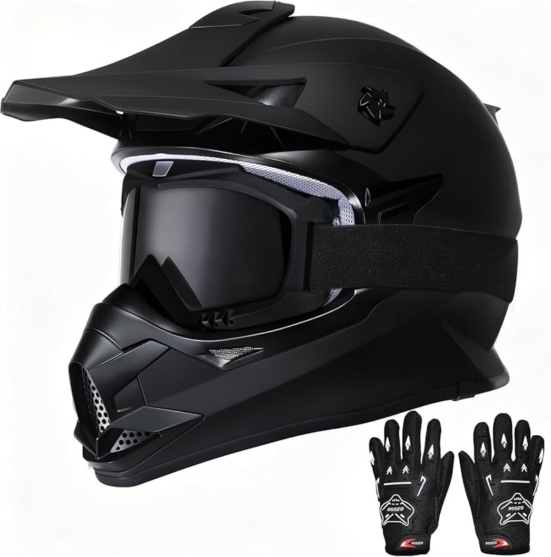 Youth Full Face Motorcycle Helmet with Goggles & Gloves: DOT Approved 
