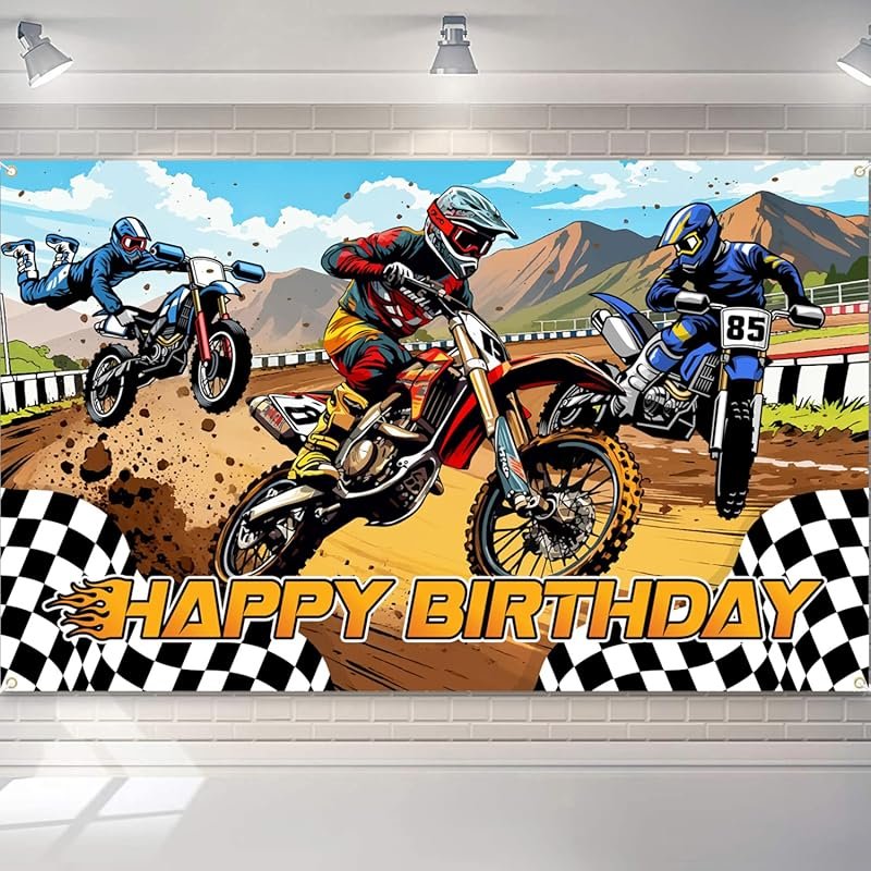 Dirt Bike Birthday Banner: Vibrant Motocross Theme Party Backdrop Deco